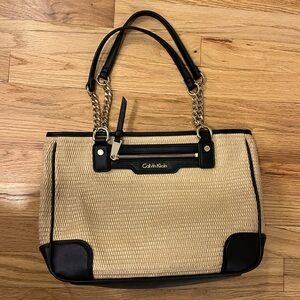 Calvin Klein Black & Tan Raffia & Leather Small Tote Handbag with gold hardware